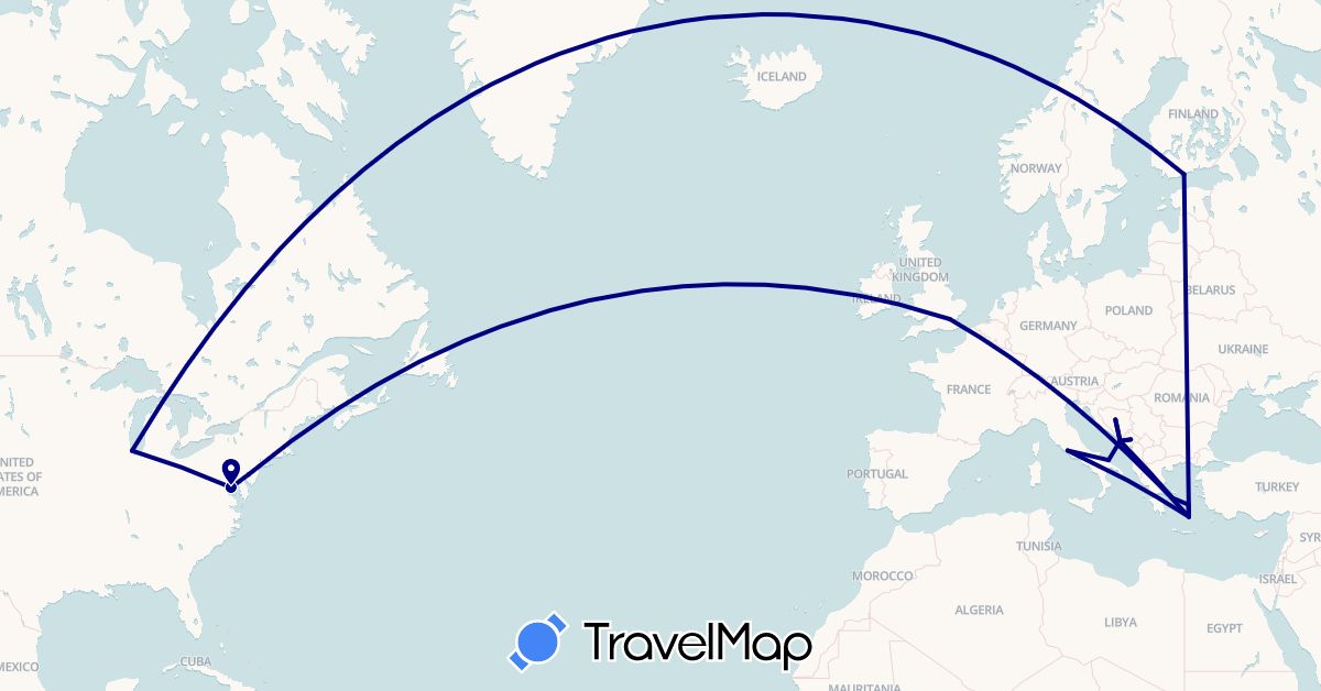TravelMap itinerary: driving in Bosnia and Herzegovina, Finland, United Kingdom, Greece, Croatia, Italy, Montenegro, United States (Europe, North America)
