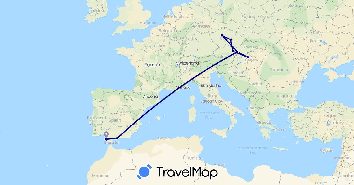 TravelMap itinerary: driving in Austria, Czech Republic, Spain, Hungary, Slovakia (Europe)