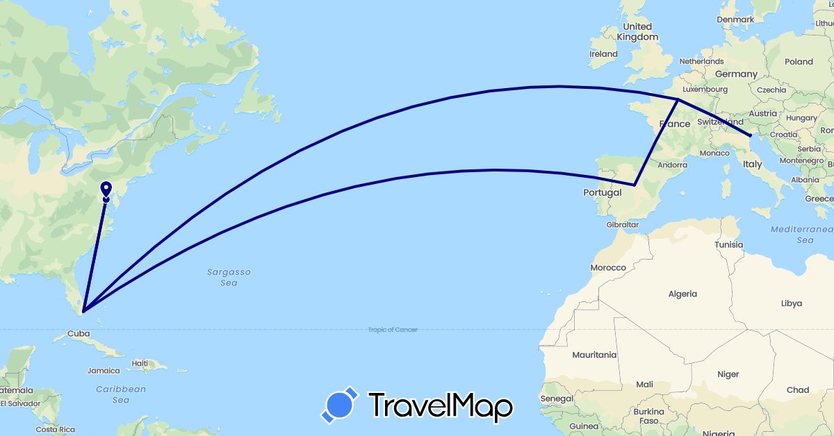 TravelMap itinerary: driving in Spain, France, Italy, United States (Europe, North America)