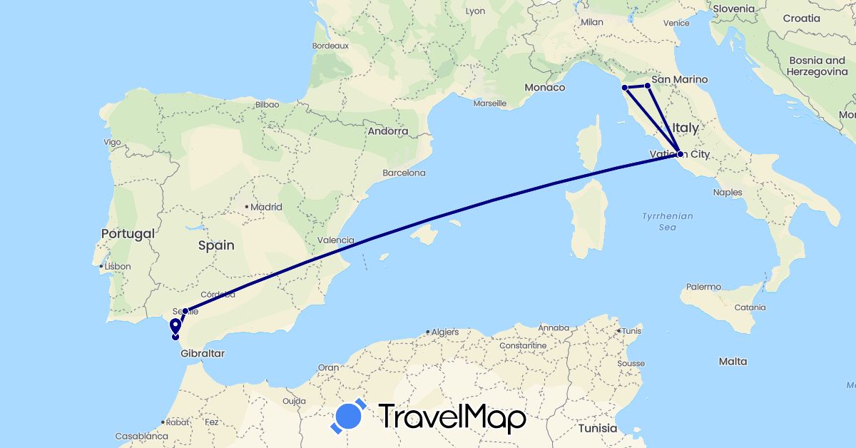 TravelMap itinerary: driving in Spain, Italy (Europe)